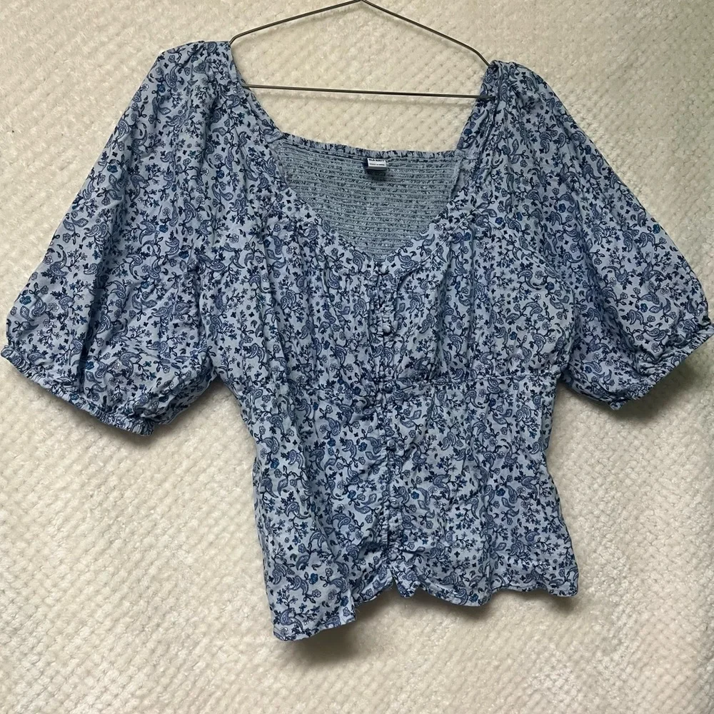 Old Navy Blue Floral Paisley Blouse Short Sleeves Cotton Blend Large